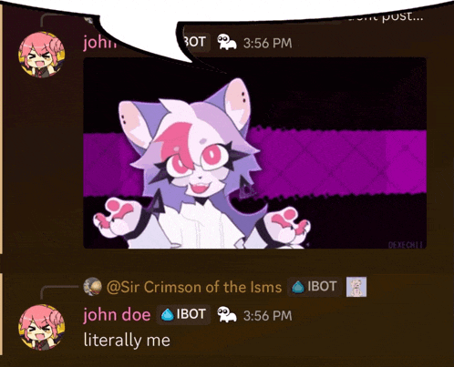 a screenshot of a chat between john doe and sir crimson of the isms at 3:56 pm