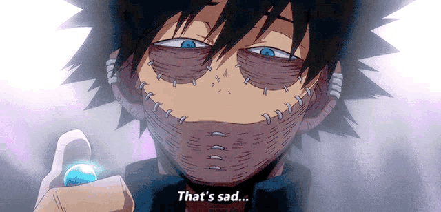 a cartoon character says that 's sad while holding a blue object