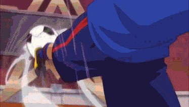 a cartoon character in a blue shirt is kicking a soccer ball