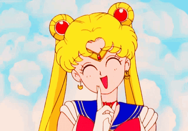 a cartoon girl with a heart on her forehead holds her finger to her mouth