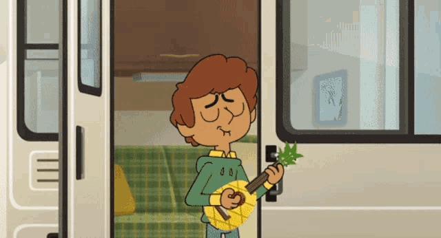 a cartoon of a man holding a pineapple shaped guitar