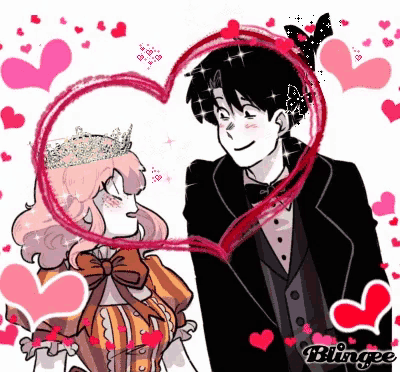 a cartoon of a boy and a girl with hearts around them and the word blingee on the bottom right