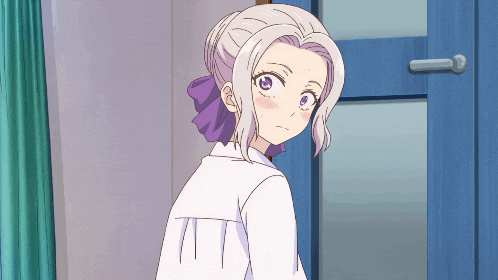 a girl with blonde hair and purple eyes is standing in front of a door