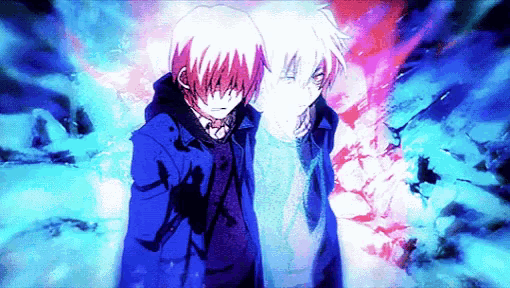 two anime characters are standing next to each other in a blue and red background