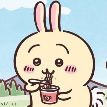 a cartoon rabbit is holding a cup of yogurt with a fork