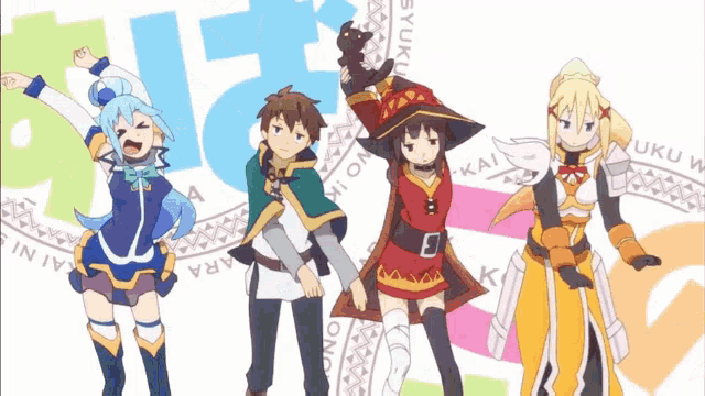 a group of anime characters are standing in front of a sign that says " akuma "