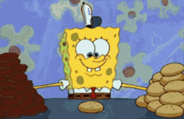 a cartoon of spongebob holding a cookie in front of a pile of cookies