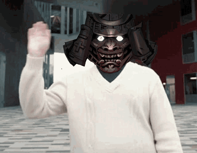 a man in a white sweater has a samurai helmet on his head
