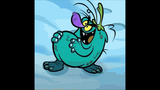 a cartoon drawing of a monster with a purple ear and a green tail