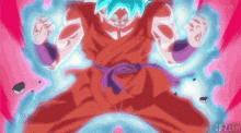 a cartoon character in a red and blue outfit with a purple belt is standing in front of a pink and blue background .