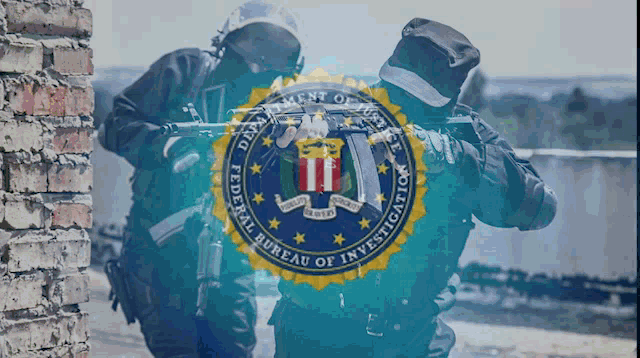 a blurred image of two men holding guns with the department of justice federal bureau of investigation logo in the background
