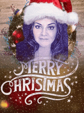a woman wearing a santa hat with the words merry christmas