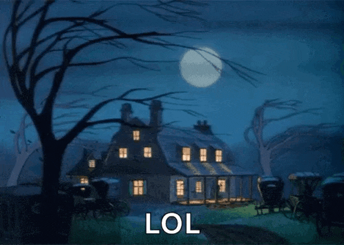 a house with a full moon in the background and the words lol written on the bottom .