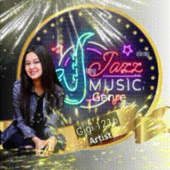 a woman is sitting in front of a jazz music sign