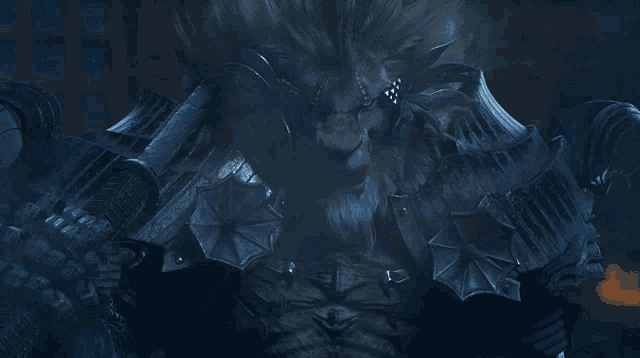 a lion with a beard is wearing armor and a crown