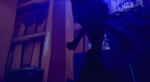 a silhouette of a person with glowing eyes in a dark room with a sign that says ' fox ' on it