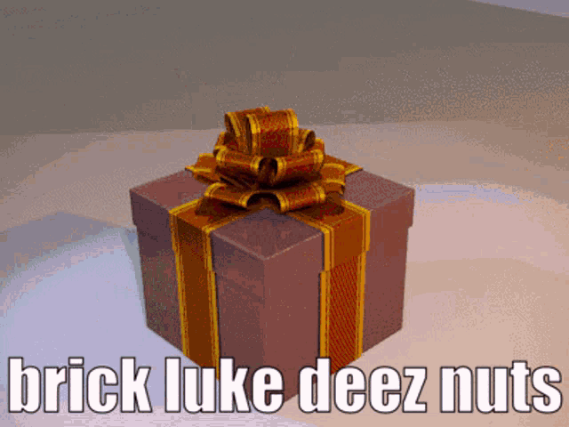 a gift box with a bow and the words brick luke deez nuts on it