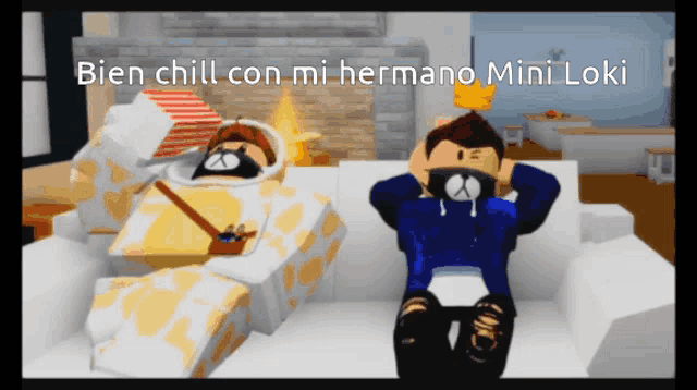 a cartoon of a man sitting on a couch with the words bien chill con mi hermano mini loki