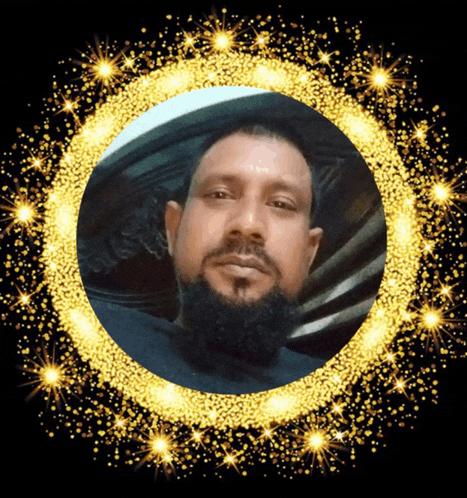 a man with a beard is surrounded by a gold circle