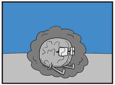 a cartoon of a brain talking to a coffee cup that says hey get out of here