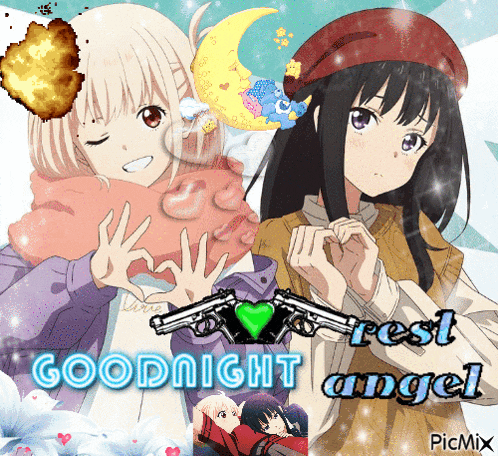 a picture of two anime girls with the words " goodnight rest angel "