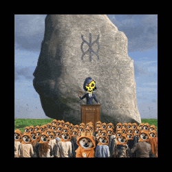 a cartoon of a man giving a speech with a large rock in the background