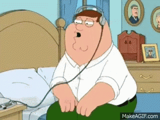 a cartoon of peter griffin wearing headphones in a bedroom