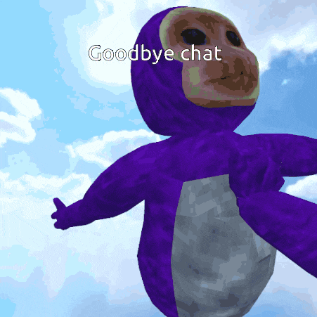 a purple teddy bear says goodbye chat while flying through the air
