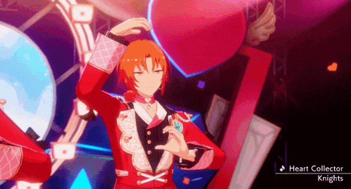 a man in a red suit is dancing on a stage with the words heart collector knights on the bottom