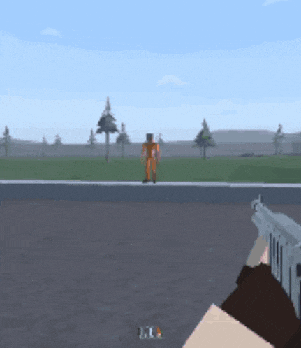 a person holding a gun in a video game with a man in an orange suit in the background