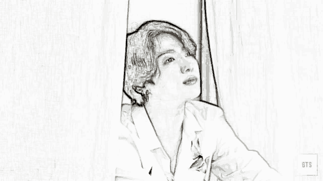 a black and white drawing of a man sleeping with the word bts on the bottom right