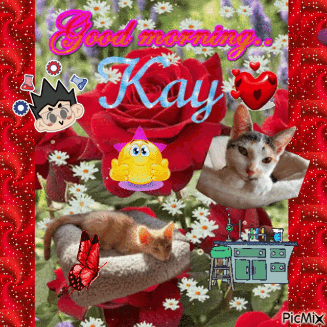 a picture of a cat and flowers with the name kay on it