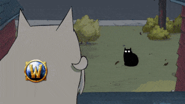 a cartoon cat sitting on a wall with a world of w logo on its chest