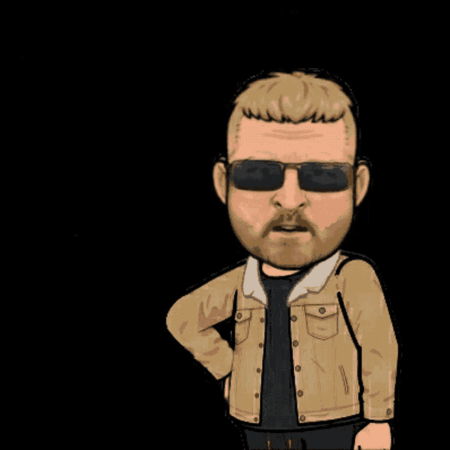 a cartoon man wearing sunglasses and a tan jacket