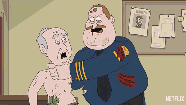 a cartoon of a police officer holding a man with a wanted poster behind them