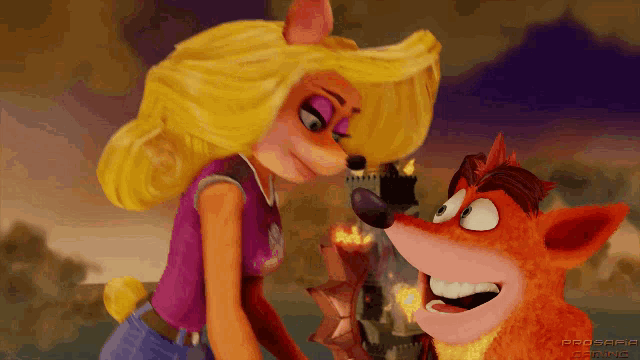 crash bandicoot and coco are looking at each other in a video game