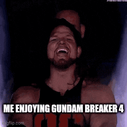 a man with a beard is laughing while wearing a tank top that says `` me enjoying gundam breaker 4 ''