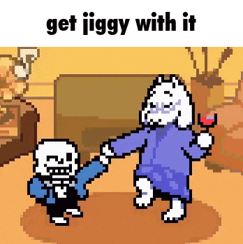 a pixel art of a skeleton and a goat holding hands in a living room .