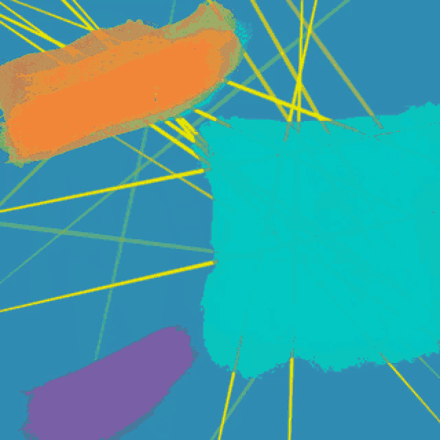 a blue background with yellow lines and a purple object in the middle