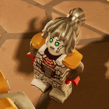 a lego figure with green eyes and white hair