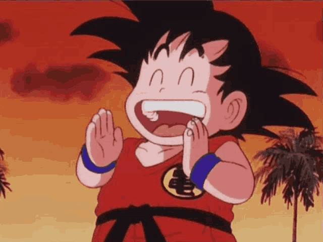 a cartoon character named goku from dragon ball z is laughing with his mouth open and palm trees in the background .