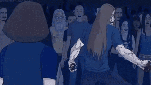 a cartoon of a woman screaming in front of a crowd of people .
