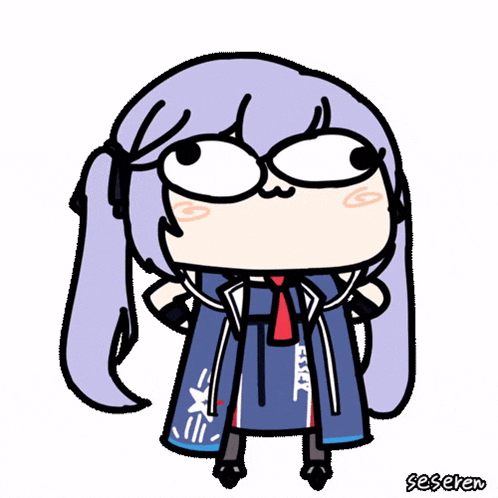 a cartoon drawing of a girl with purple hair and a blue coat with a x on it