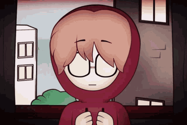 a cartoon character wearing glasses and a red hood