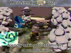 a cartoon of a group of sheep with the words most friendly fans friendly asking to dataminers about datamines on the bottom