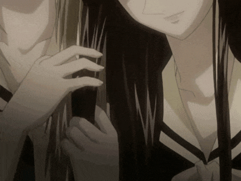 a close up of two anime girls holding their hair