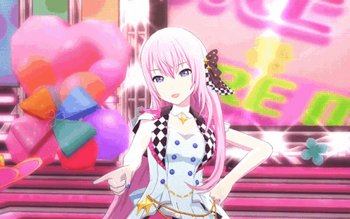 a girl with pink hair is standing in front of a sign that says " open "