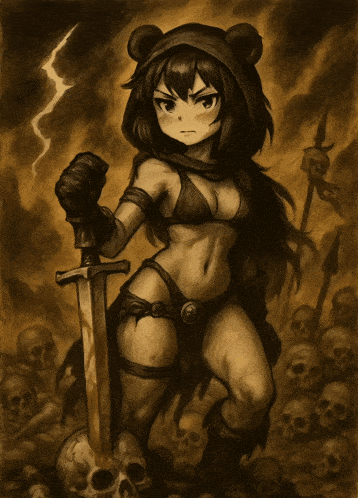 a black and white drawing of a girl with a sword and skulls