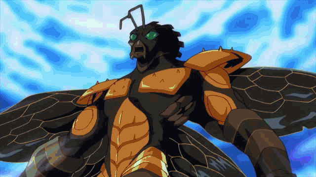 a cartoon drawing of a giant bug with a blue background