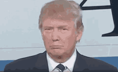 donald trump is making a funny face while standing in front of a plane .